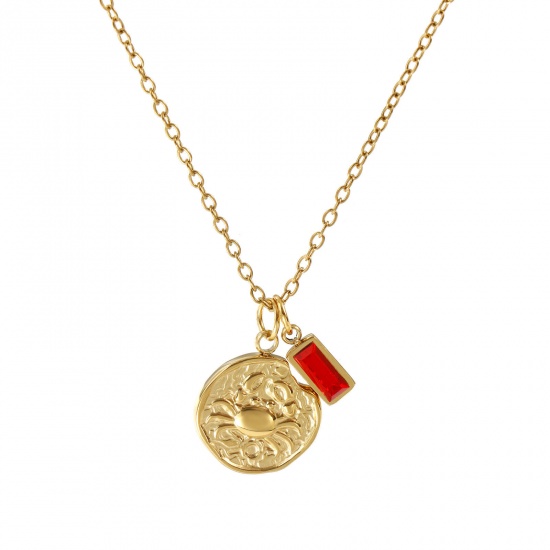 Image de Collier à Breloques Disque Plaqué Or Véritable 18K en 304 Acier Inoxydable Chaîne Maille Forçat 45cm + 5cm, à Zircone Cubique Rouge Constellation Cancer juillet Pierres de Naissance Revêtement sous Vide PVD Respectueux de l'Environnement, 1 Pièce