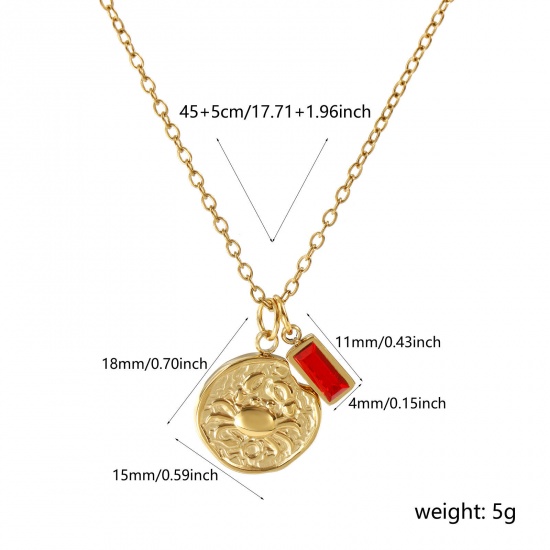 Image de Collier à Breloques Disque Plaqué Or Véritable 18K en 304 Acier Inoxydable Chaîne Maille Forçat 45cm + 5cm, à Zircone Cubique Rouge Constellation Cancer juillet Pierres de Naissance Revêtement sous Vide PVD Respectueux de l'Environnement, 1 Pièce