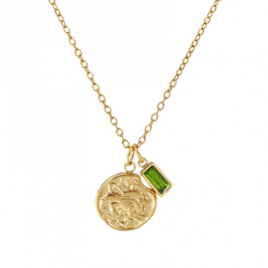 Image de Collier à Breloques Disque Plaqué Or Véritable 18K en 304 Acier Inoxydable Chaîne Maille Forçat 45cm + 5cm, à Zircone Cubique Olivacé Constellation Lion août Pierres de Naissance Revêtement sous Vide PVD Respectueux de l'Environnement, 1 Pièce