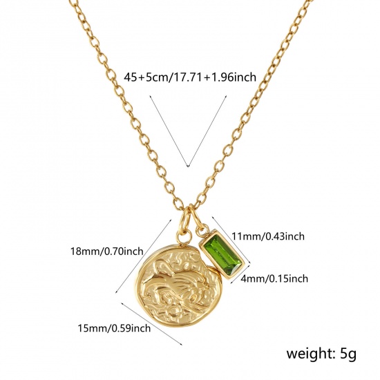 Image de Collier à Breloques Disque Plaqué Or Véritable 18K en 304 Acier Inoxydable Chaîne Maille Forçat 45cm + 5cm, à Zircone Cubique Olivacé Constellation Lion août Pierres de Naissance Revêtement sous Vide PVD Respectueux de l'Environnement, 1 Pièce