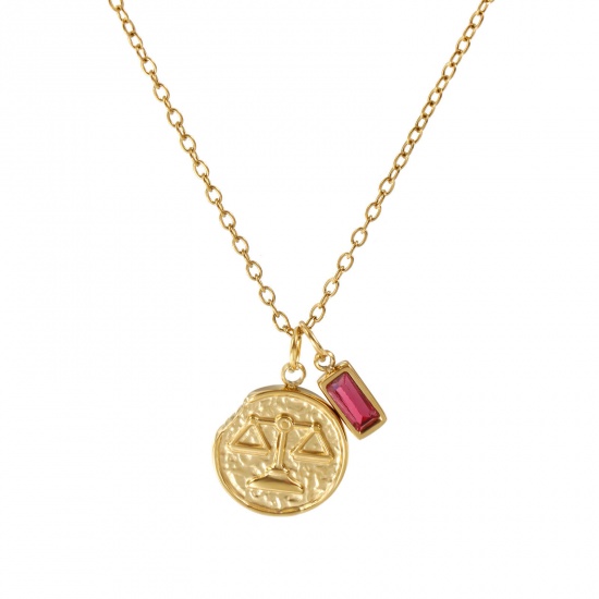 Image de Collier à Breloques Disque Plaqué Or Véritable 18K en 304 Acier Inoxydable Chaîne Maille Forçat 45cm + 5cm, à Zircone Cubique Fuchsia Constellation Balance octobre Pierres de Naissance Revêtement sous Vide PVD Respectueux de l'Environnement, 1 Pièce