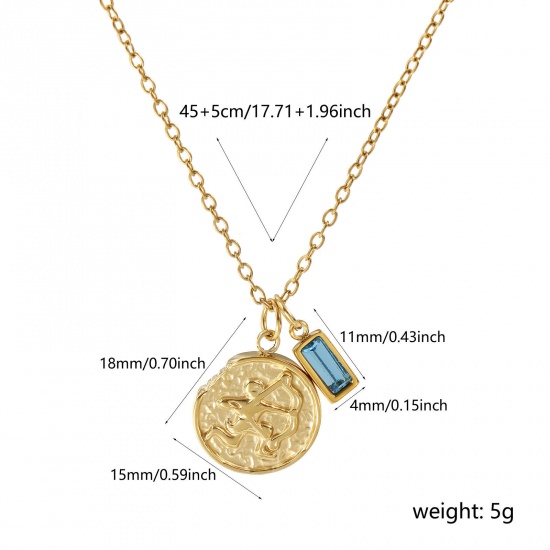 Image de Collier à Breloques Disque Plaqué Or Véritable 18K en 304 Acier Inoxydable Chaîne Maille Forçat 45cm + 5cm, à Zircone Cubique Bleu Constellation Sagittaire décembre Pierres de Naissance Revêtement sous Vide PVD Respectueux de l'Environnement, 1 Pièce