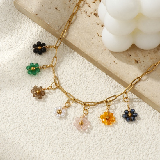 Picture of 18K Real Gold Plated Paperclip Link Chain Flower Pendant Charm Necklace, 304 Stainless Steel & Quartz Crystal 42cm(16.5") + 5cm(2"), For Women, Multicolor Dainty Pastoral Style Gift, Eco-friendly PVD Vacuum Plating, 1 Piece