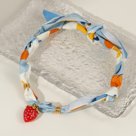 Picture of 18K Real Gold Plated Strawberry Fruit Pendant Charm Scarf Necklace, 304 Stainless Steel & Polyester 80cm(31.5"), For Women, Multicolor Dainty Pastoral Style Gift, Eco-friendly PVD Vacuum Plating, 1 Piece