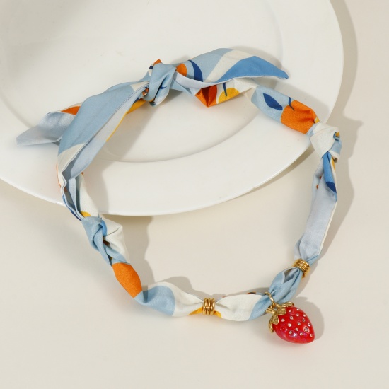 Picture of 18K Real Gold Plated Strawberry Fruit Pendant Charm Scarf Necklace, 304 Stainless Steel & Polyester 80cm(31.5"), For Women, Multicolor Dainty Pastoral Style Gift, Eco-friendly PVD Vacuum Plating, 1 Piece