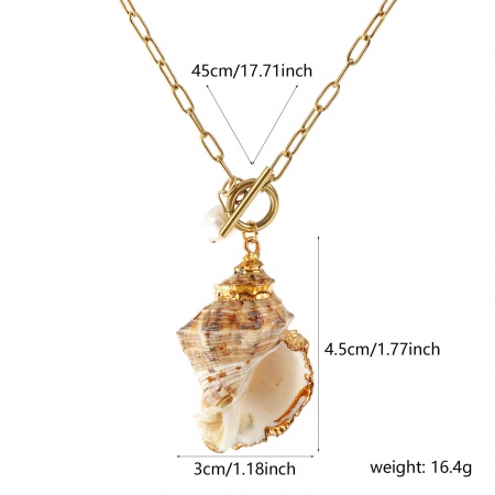 Picture of Wholesale Conch/ Sea Snail Natural Pendant Charm Necklace, 18K Real Gold Plated 304 Stainless Steel & Natural Shell Paperclip Link Chain, Women's Eco-friendly PVD Vacuum Plating Waterproof Anti-Tarnish Hypoallergenic Casual Dainty Gift Jewelry For Retailer, 45cm(17.7") long, 1 Piece