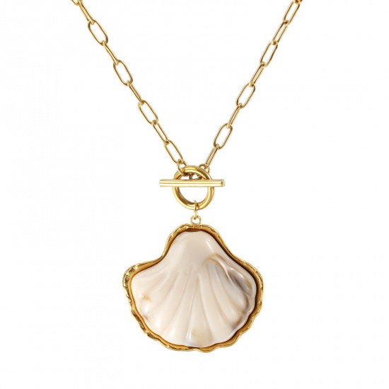 Immagine di 18K Vero Oro Placcato Catena a Graffetta Conchiglia Collana con Ciondolo, 304 Acciaio Inossidabile & Resina 45cm, Per Donne, Bianco Sporco Elegante Casuale Regalo, Placcatura Sottovuoto PVD Ecologica, 1 Pz