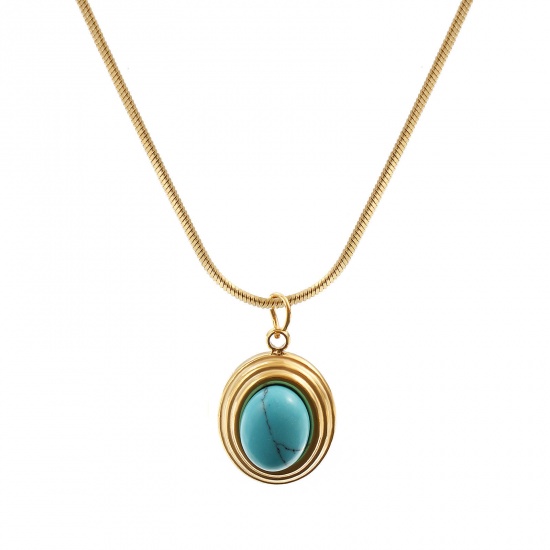 Picture of 18K Real Gold Plated Square Snake Chain Oval Pendant Charm Necklace, 304 Stainless Steel 45cm(17.7") + 5cm(2"), For Women, Green Blue With Resin Cabochons Imitation Turquoise, Boho Chic Bohemia Ethnic Style Gift, Eco-friendly PVD Vacuum Plating, 1 Piece