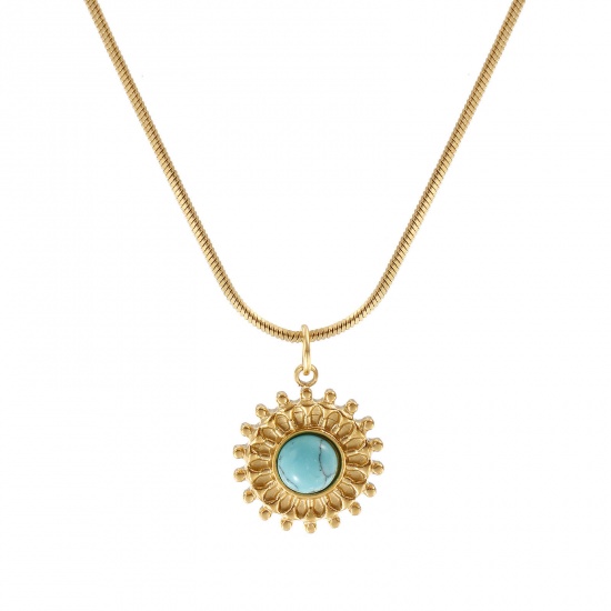 Picture of 18K Real Gold Plated Square Snake Chain Sun Pendant Charm Necklace, 304 Stainless Steel 45cm(17.7") + 5cm(2"), For Women, Green Blue With Resin Cabochons Imitation Turquoise, Boho Chic Bohemia Ethnic Style Gift, Eco-friendly PVD Vacuum Plating, 1 Piece