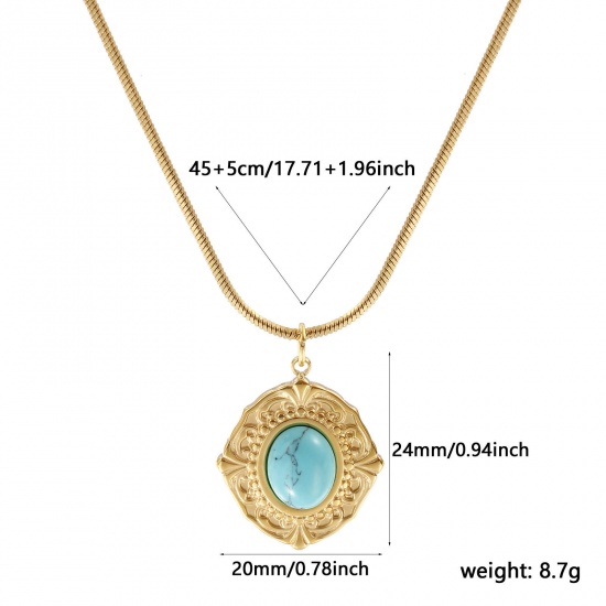 Picture of 18K Real Gold Plated Square Snake Chain Oval Pendant Charm Necklace, 304 Stainless Steel 45cm(17.7") + 5cm(2"), For Women, Green Blue With Resin Cabochons Imitation Turquoise, Boho Chic Bohemia Ethnic Style Gift, Eco-friendly PVD Vacuum Plating, 1 Piece
