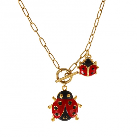Picture of 18K Real Gold Plated Paperclip Link Chain Ladybug Animal Pendant Charm Necklace, 304 Stainless Steel 45cm(17.7"), For Women, Black Rhinestone Red Enamel Insect Natural Pastoral Gift, Eco-friendly PVD Vacuum Plating, 1 Piece