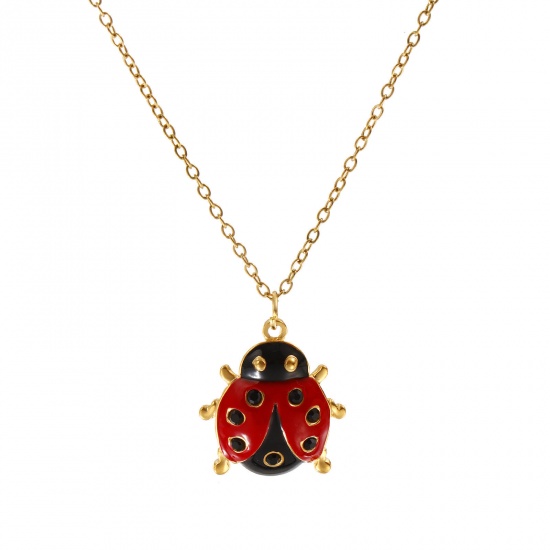 Picture of 18K Real Gold Plated Link Cable Chain Ladybug Animal Pendant Charm Necklace, 304 Stainless Steel 45cm(17.7") + 5cm(2"), For Women, Black Rhinestone Red Enamel Insect Natural Pastoral Gift, Eco-friendly PVD Vacuum Plating, 1 Piece
