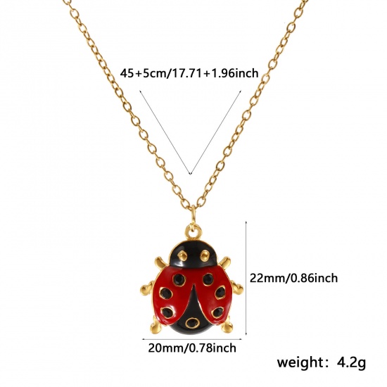 Picture of 18K Real Gold Plated Link Cable Chain Ladybug Animal Pendant Charm Necklace, 304 Stainless Steel 45cm(17.7") + 5cm(2"), For Women, Black Rhinestone Red Enamel Insect Natural Pastoral Gift, Eco-friendly PVD Vacuum Plating, 1 Piece