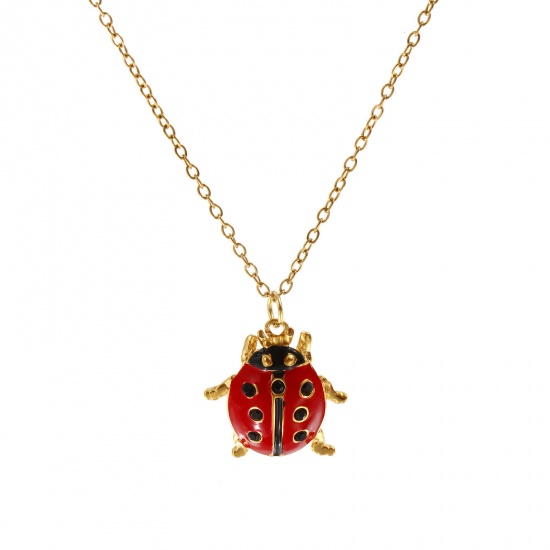 Picture of 18K Real Gold Plated Link Cable Chain Ladybug Animal Pendant Charm Necklace, 304 Stainless Steel 45cm(17.7") + 5cm(2"), For Women, Black Rhinestone Red Enamel Insect Natural Pastoral Gift, Eco-friendly PVD Vacuum Plating, 1 Piece