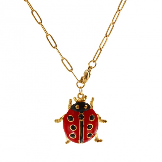 Picture of 18K Real Gold Plated Paperclip Link Chain Ladybug Animal Pendant Charm Necklace, 304 Stainless Steel 60cm(23.6"), For Women, Black Rhinestone Red Enamel Insect Natural Pastoral Gift, Eco-friendly PVD Vacuum Plating, 1 Piece
