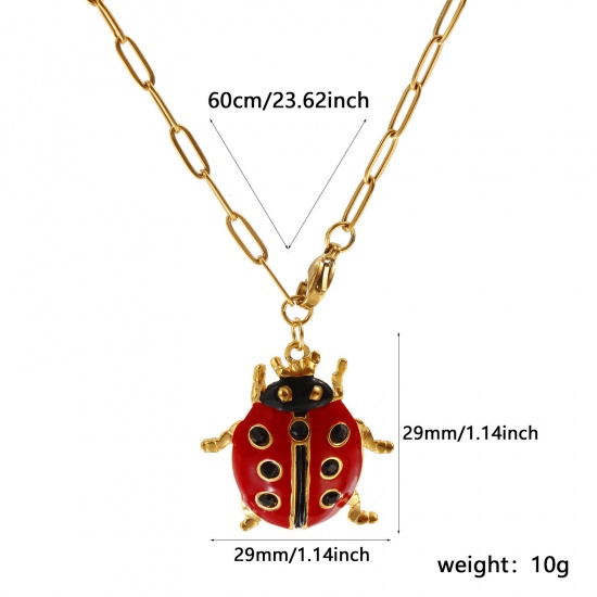 Picture of 18K Real Gold Plated Paperclip Link Chain Ladybug Animal Pendant Charm Necklace, 304 Stainless Steel 60cm(23.6"), For Women, Black Rhinestone Red Enamel Insect Natural Pastoral Gift, Eco-friendly PVD Vacuum Plating, 1 Piece
