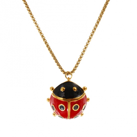 Picture of 18K Real Gold Plated Box Chain Ladybug Animal Pendant Charm Necklace, 304 Stainless Steel 45cm(17.7") + 5cm(2"), For Women, Red Enamel Insect Natural Pastoral Gift, Eco-friendly PVD Vacuum Plating, 1 Piece