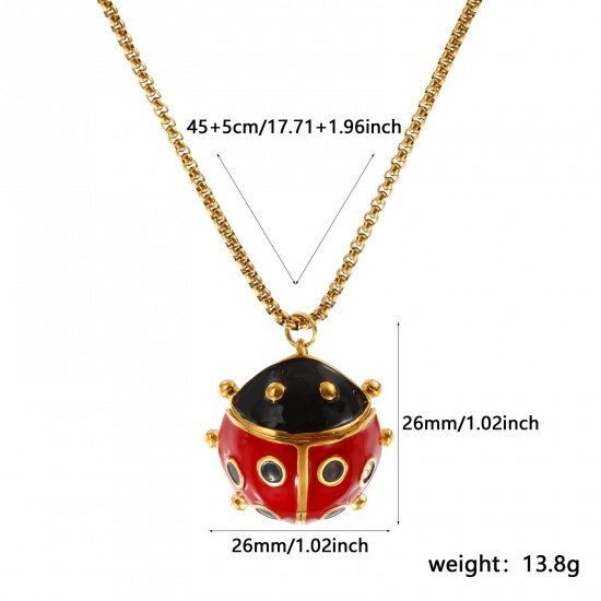 Picture of 18K Real Gold Plated Box Chain Ladybug Animal Pendant Charm Necklace, 304 Stainless Steel 45cm(17.7") + 5cm(2"), For Women, Red Enamel Insect Natural Pastoral Gift, Eco-friendly PVD Vacuum Plating, 1 Piece