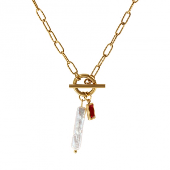 Picture of 18K Real Gold Plated Paperclip Link Chain Rectangle Pendant Charm Necklace, 304 Stainless Steel & Natural Pearl 45cm(17.7"), For Women, Wine Red Cubic Zirconia White January Birthstone Baroque Gift, Eco-friendly PVD Vacuum Plating, 1 Piece
