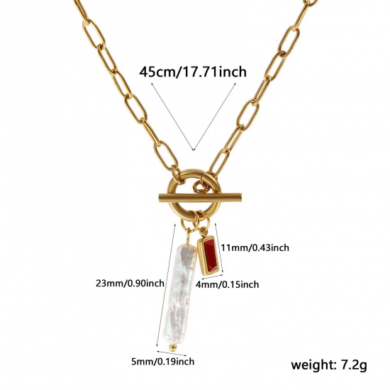 Picture of 18K Real Gold Plated Paperclip Link Chain Rectangle Pendant Charm Necklace, 304 Stainless Steel & Natural Pearl 45cm(17.7"), For Women, Wine Red Cubic Zirconia White January Birthstone Baroque Gift, Eco-friendly PVD Vacuum Plating, 1 Piece