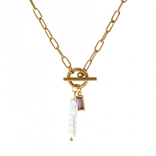 Picture of 18K Real Gold Plated Paperclip Link Chain Rectangle Pendant Charm Necklace, 304 Stainless Steel & Natural Pearl 45cm(17.7"), For Women, Purple Cubic Zirconia White February Birthstone Baroque Gift, Eco-friendly PVD Vacuum Plating, 1 Piece