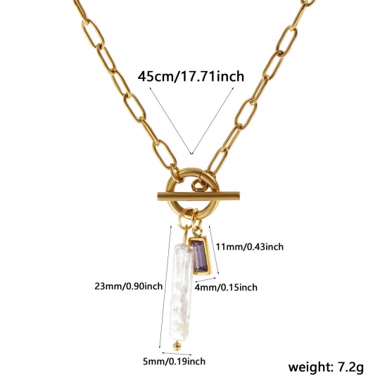 Picture of 18K Real Gold Plated Paperclip Link Chain Rectangle Pendant Charm Necklace, 304 Stainless Steel & Natural Pearl 45cm(17.7"), For Women, Purple Cubic Zirconia White February Birthstone Baroque Gift, Eco-friendly PVD Vacuum Plating, 1 Piece