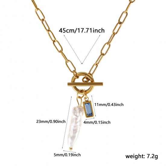Picture of 18K Real Gold Plated Paperclip Link Chain Rectangle Pendant Charm Necklace, 304 Stainless Steel & Natural Pearl 45cm(17.7"), For Women, Aqua Blue Cubic Zirconia White March Birthstone Baroque Gift, Eco-friendly PVD Vacuum Plating, 1 Piece