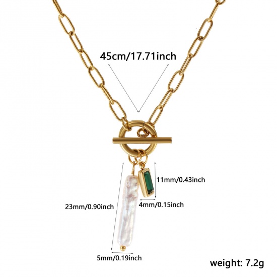 Picture of 18K Real Gold Plated Paperclip Link Chain Rectangle Pendant Charm Necklace, 304 Stainless Steel & Natural Pearl 45cm(17.7"), For Women, Emerald Cubic Zirconia White May Birthstone Baroque Gift, Eco-friendly PVD Vacuum Plating, 1 Piece
