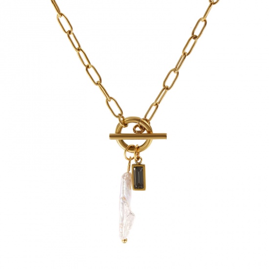 Picture of 18K Real Gold Plated Paperclip Link Chain Rectangle Pendant Charm Necklace, 304 Stainless Steel & Natural Pearl 45cm(17.7"), For Women, Gray Cubic Zirconia White June Birthstone Baroque Gift, Eco-friendly PVD Vacuum Plating, 1 Piece
