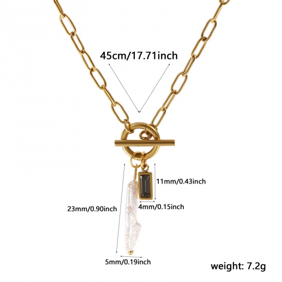 Picture of 18K Real Gold Plated Paperclip Link Chain Rectangle Pendant Charm Necklace, 304 Stainless Steel & Natural Pearl 45cm(17.7"), For Women, Gray Cubic Zirconia White June Birthstone Baroque Gift, Eco-friendly PVD Vacuum Plating, 1 Piece