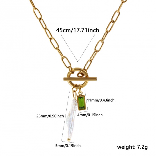 Picture of 18K Real Gold Plated Paperclip Link Chain Rectangle Pendant Charm Necklace, 304 Stainless Steel & Natural Pearl 45cm(17.7"), For Women, Olive Green Cubic Zirconia White August Birthstone Baroque Gift, Eco-friendly PVD Vacuum Plating, 1 Piece