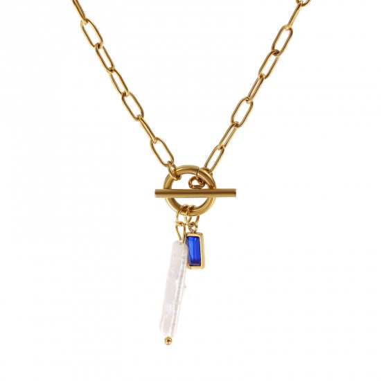 Picture of 18K Real Gold Plated Paperclip Link Chain Rectangle Pendant Charm Necklace, 304 Stainless Steel & Natural Pearl 45cm(17.7"), For Women, Royal Blue Cubic Zirconia White September Birthstone Baroque Gift, Eco-friendly PVD Vacuum Plating, 1 Piece