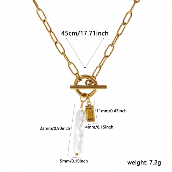 Picture of 18K Real Gold Plated Paperclip Link Chain Rectangle Pendant Charm Necklace, 304 Stainless Steel & Natural Pearl 45cm(17.7"), For Women, Yellow Cubic Zirconia White November Birthstone Baroque Gift, Eco-friendly PVD Vacuum Plating, 1 Piece