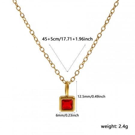 Picture of 18K Real Gold Plated Link Cable Chain Square Pendant Charm Necklace, 304 Stainless Steel 45cm(17.7") + 5cm(2"), For Women, Wine Red Cubic Zirconia January Birthstone Exquisite Gift, Eco-friendly PVD Vacuum Plating Waterproof Anti-Tarnish Hypoallergenic, 1 Piece