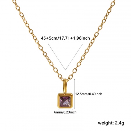 Picture of 18K Real Gold Plated Link Cable Chain Square Pendant Charm Necklace, 304 Stainless Steel 45cm(17.7") + 5cm(2"), For Women, Purple Cubic Zirconia February Birthstone Exquisite Gift, Eco-friendly PVD Vacuum Plating Waterproof Anti-Tarnish Hypoallergenic, 1 Piece