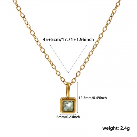 Picture of 18K Real Gold Plated Link Cable Chain Square Pendant Charm Necklace, 304 Stainless Steel 45cm(17.7") + 5cm(2"), For Women, Light Green Cubic Zirconia March Birthstone Exquisite Gift, Eco-friendly PVD Vacuum Plating Waterproof Anti-Tarnish Hypoallergenic, 1 Piece