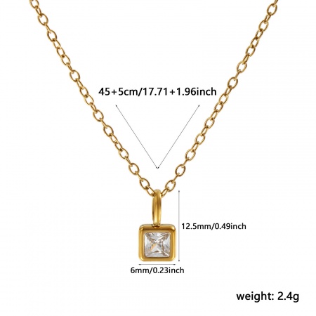 Picture of Wholesale Square Clear Cubic Zirconia April Birthstone Pendant Charm Necklace, 18K Real Gold Plated 304 Stainless Steel Link Cable Chain, Women's Eco-friendly PVD Vacuum Plating Waterproof Anti-Tarnish Hypoallergenic Stylish Minimalist Gift Jewelry For Retailer, 45cm(17.7") + 5cm(2") long, 1 Piece