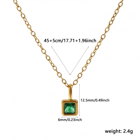 Picture of Wholesale Square Emerald Cubic Zirconia May Birthstone Pendant Charm Necklace, 18K Real Gold Plated 304 Stainless Steel Link Cable Chain, Women's Eco-friendly PVD Vacuum Plating Waterproof Anti-Tarnish Hypoallergenic Stylish Minimalist Gift Jewelry For Retailer, 45cm(17.7") + 5cm(2") long, 1 Piece