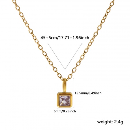 Picture of Wholesale Square Mauve Cubic Zirconia June Birthstone Pendant Charm Necklace, 18K Real Gold Plated 304 Stainless Steel Link Cable Chain, Women's Eco-friendly PVD Vacuum Plating Waterproof Anti-Tarnish Hypoallergenic Stylish Minimalist Gift Jewelry For Retailer, 45cm(17.7") + 5cm(2") long, 1 Piece