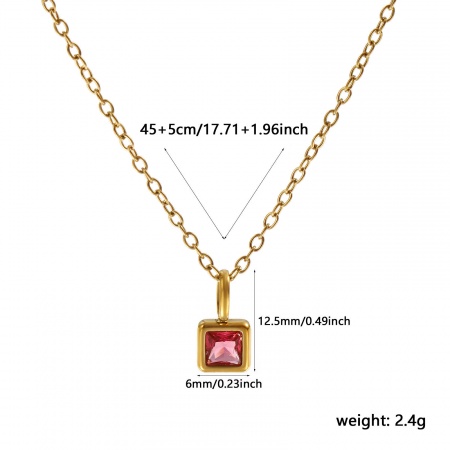 Picture of 18K Real Gold Plated Link Cable Chain Square Pendant Charm Necklace, 304 Stainless Steel 45cm(17.7") + 5cm(2"), For Women, Fuchsia Cubic Zirconia July Birthstone Exquisite Gift, Eco-friendly PVD Vacuum Plating Waterproof Anti-Tarnish Hypoallergenic, 1 Piece
