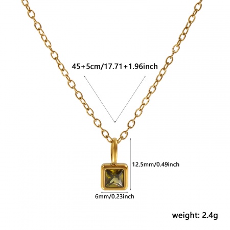 Picture of Wholesale Square Olive Green Cubic Zirconia August Birthstone Pendant Charm Necklace, 18K Real Gold Plated 304 Stainless Steel Link Cable Chain, Women's Eco-friendly PVD Vacuum Plating Waterproof Anti-Tarnish Hypoallergenic Stylish Minimalist Gift Jewelry For Retailer, 45cm(17.7") + 5cm(2") long, 1 