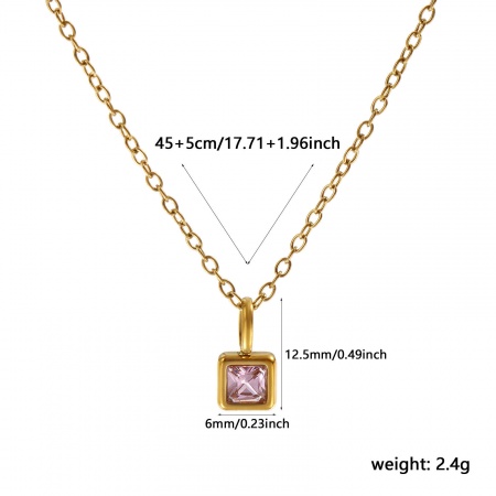 Picture of Wholesale Square Pink Cubic Zirconia October Birthstone Pendant Charm Necklace, 18K Real Gold Plated 304 Stainless Steel Link Cable Chain, Women's Eco-friendly PVD Vacuum Plating Waterproof Anti-Tarnish Hypoallergenic Stylish Minimalist Gift Jewelry For Retailer, 45cm(17.7") + 5cm(2") long, 1 Piece