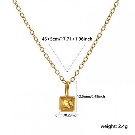 Picture of Wholesale Square Yellow Cubic Zirconia November Birthstone Pendant Charm Necklace, 18K Real Gold Plated 304 Stainless Steel Link Cable Chain, Women's Eco-friendly PVD Vacuum Plating Waterproof Anti-Tarnish Hypoallergenic Stylish Minimalist Gift Jewelry For Retailer, 45cm(17.7") + 5cm(2") long, 1 Pie