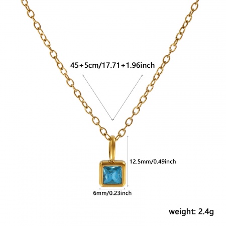 Picture of 18K Real Gold Plated Link Cable Chain Square Pendant Charm Necklace, 304 Stainless Steel 45cm(17.7") + 5cm(2"), For Women, Green Blue Cubic Zirconia December Birthstone Exquisite Gift, Eco-friendly PVD Vacuum Plating Waterproof Anti-Tarnish Hypoallergenic, 1 Piece