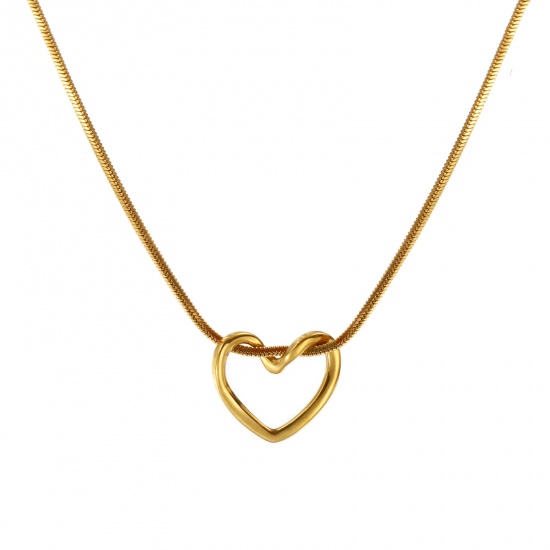 Immagine di 18K Vero Oro Placcato Catena a Serpentina Quadrata Cuore Collana con Ciondolo, 304 Acciaio Inossidabile 45cm, Per Donne, San Valentino Squisito Regalo, Placcatura Sottovuoto PVD Ecologica, 1 Pz