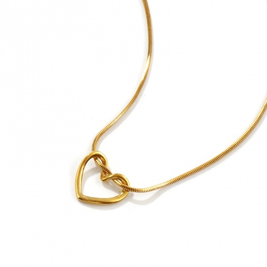Immagine di 18K Vero Oro Placcato Catena a Serpentina Quadrata Cuore Collana con Ciondolo, 304 Acciaio Inossidabile 45cm, Per Donne, San Valentino Squisito Regalo, Placcatura Sottovuoto PVD Ecologica, 1 Pz