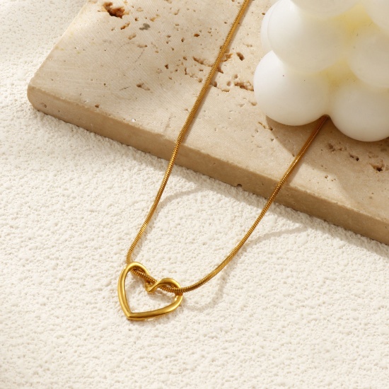 Immagine di 18K Vero Oro Placcato Catena a Serpentina Quadrata Cuore Collana con Ciondolo, 304 Acciaio Inossidabile 45cm, Per Donne, San Valentino Squisito Regalo, Placcatura Sottovuoto PVD Ecologica, 1 Pz