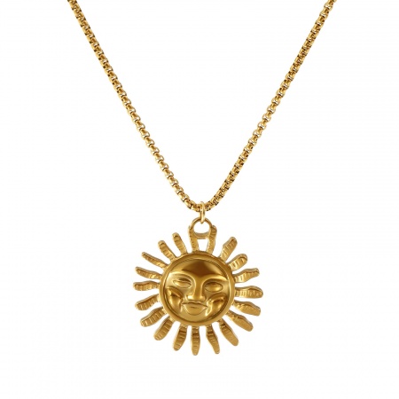 18K Oro Real Chapado Cadena de Caja Sol Collar con Colgante, 304 Acero Inoxidable 45cm + 5cm, Para Mujeres, Galaxia Exquisito Regalo, Recubrimiento al Vacío PVD Ecológico, 1 Unidad