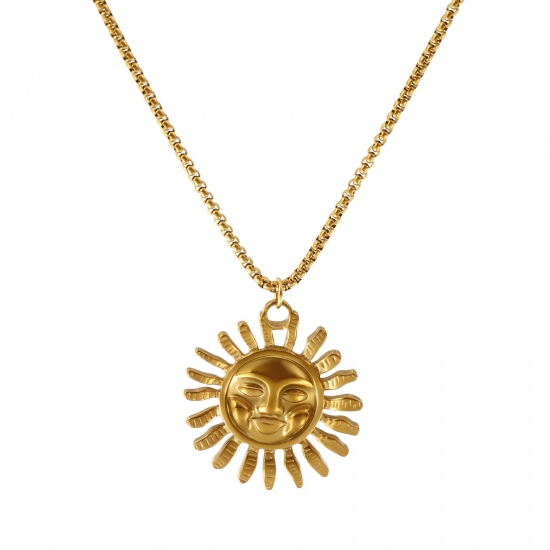 Immagine di 18K Vero Oro Placcato Catena a Casella Sole Collana con Ciondolo, 304 Acciaio Inossidabile 45cm + 5cm, Per Donne, Galassia Squisito Regalo, Placcatura Sottovuoto PVD Ecologica, 1 Pz