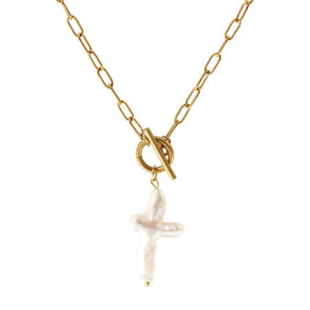 18K Real Gold Plated Paperclip Link Chain Cross Pendant Charm Necklace, 304 Stainless Steel & Natural Pearl 45cm(17.7"), For Women, White Religious Baroque Gift, Eco-friendly PVD Vacuum Plating, 1 Piece